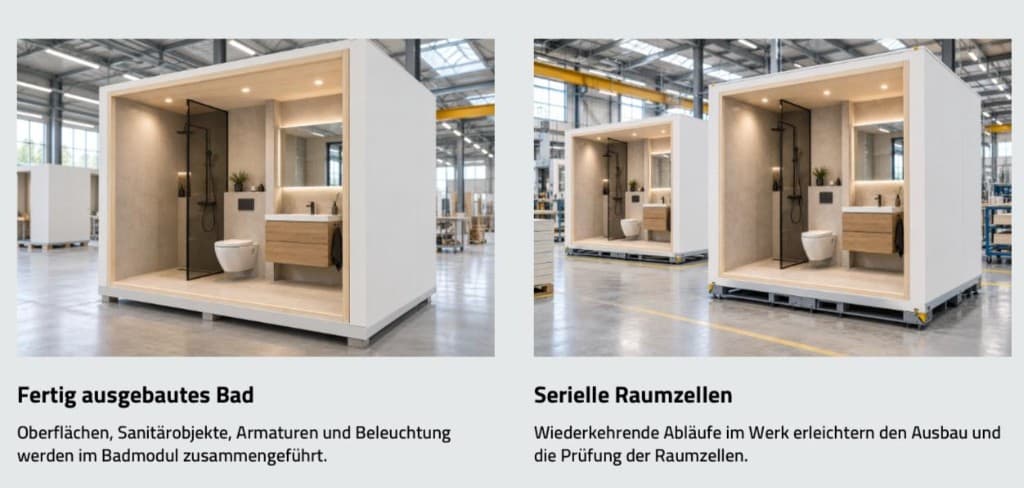 Serielle Badmodule und Raumzellen aus dem Werk